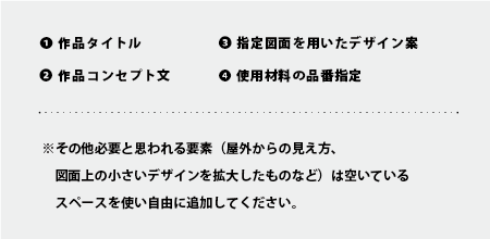 1作品タイトル 2作品コンセプト文 3指定図面を用いたデザイン案 4使用材料の品番指定